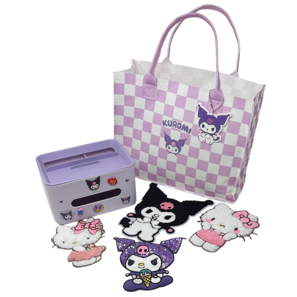 Kuromi Hello Kitty Checkered Tote Bag, Organizer, & Patches Lot